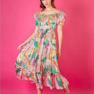 Jessie Liu Summer Floral Tiered Silk Midi Dress Size Medium